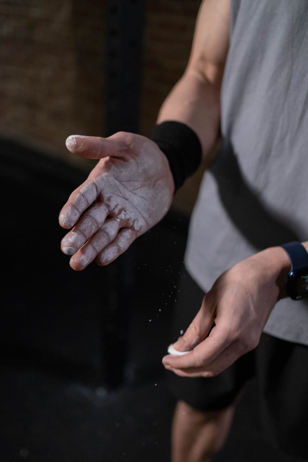 A chalked palm before a set