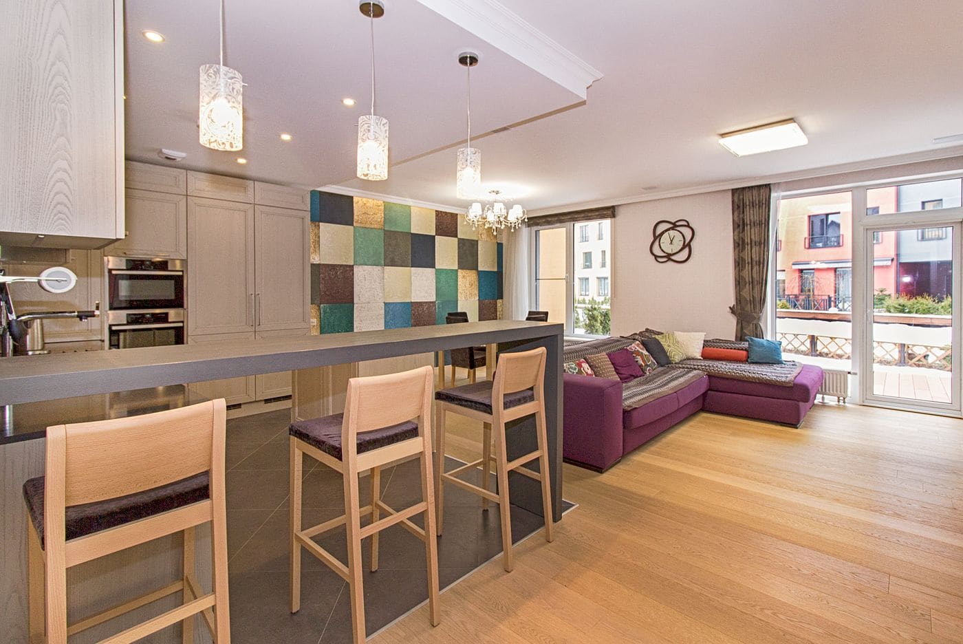 Open-plan kitchen and living room of a listed flat